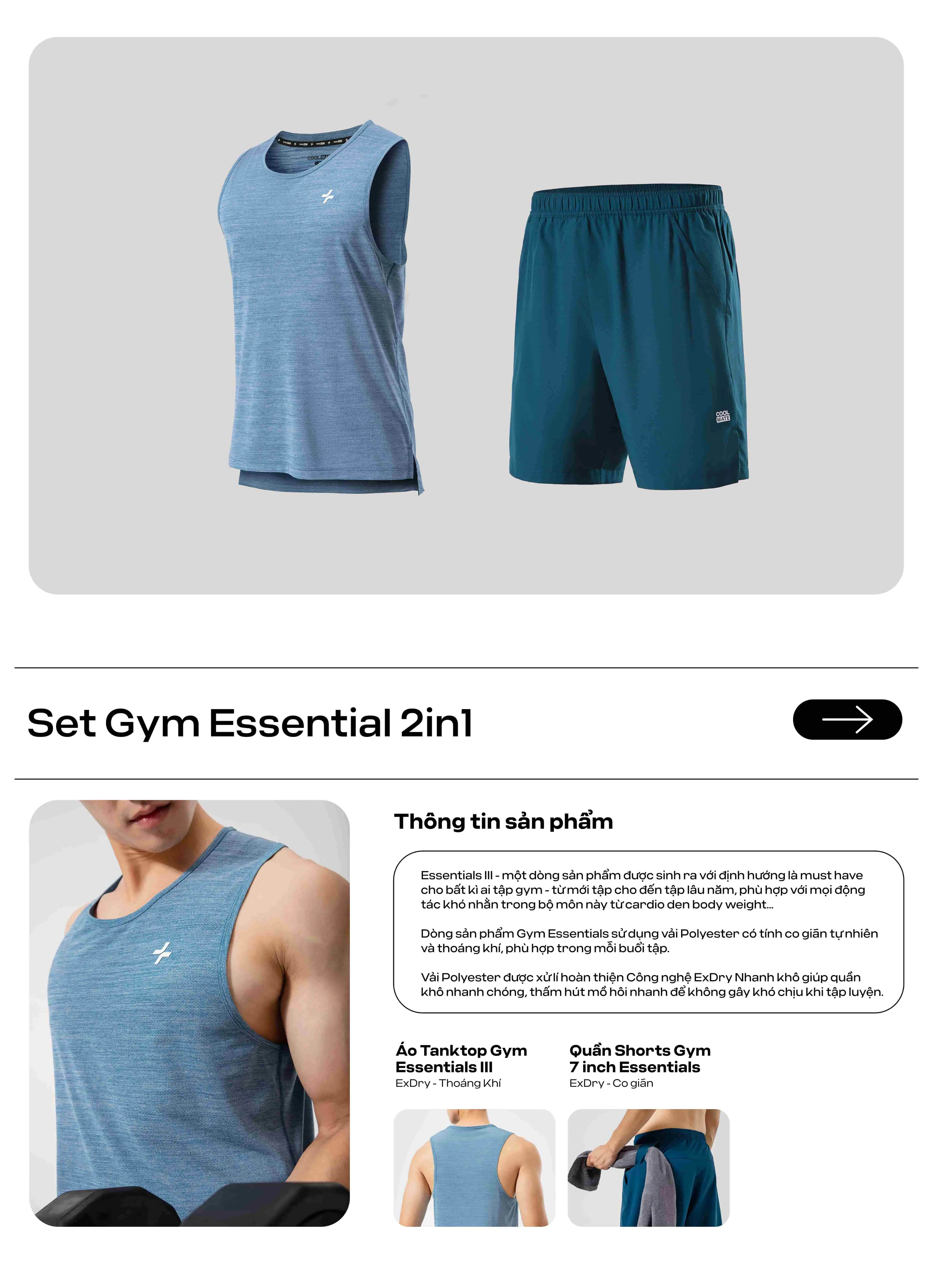 Người mẫu mặc set Gym Essentials 2in1 thoáng khí và co giãn cho mọi buổi tập