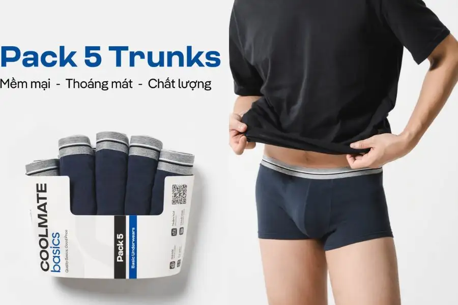Pack 5 Quần Lót Nam Trunk Cotton Basics, mềm mại, thoáng mát, co giãn
