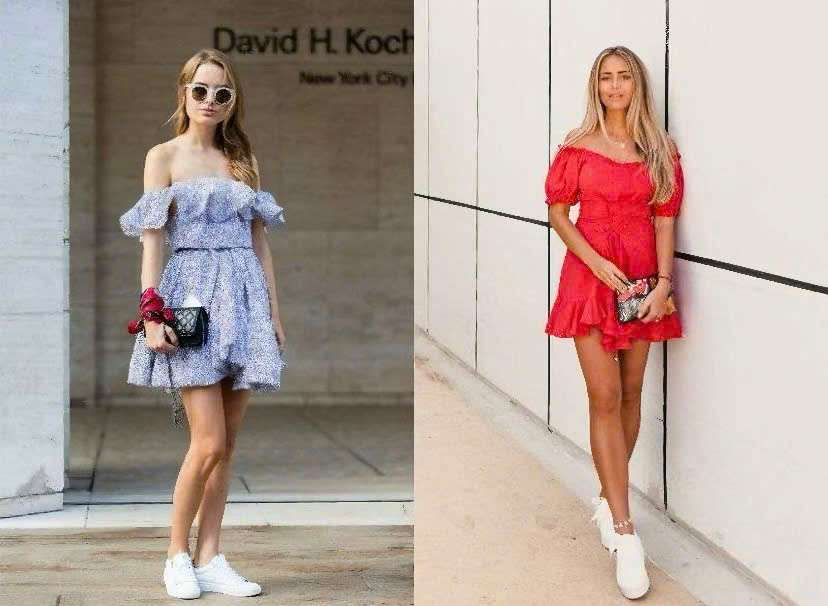 Phối đồ đi chơi mùa hè  Váy trễ vai và giày sneaker