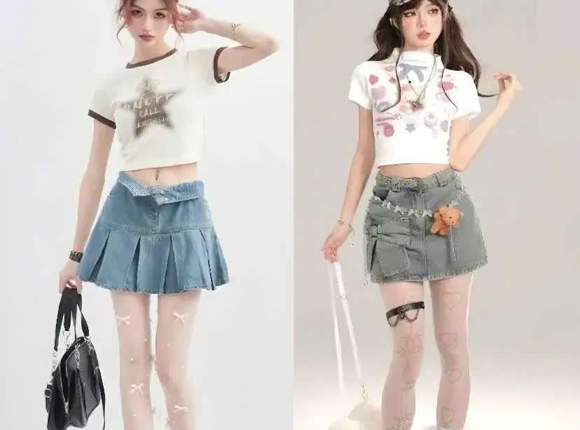 Phối đồ đi chơi mùa hè Áo croptop và chân váy denim