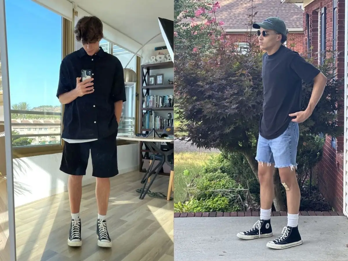 Quần short jean, áo thun và giày Converse