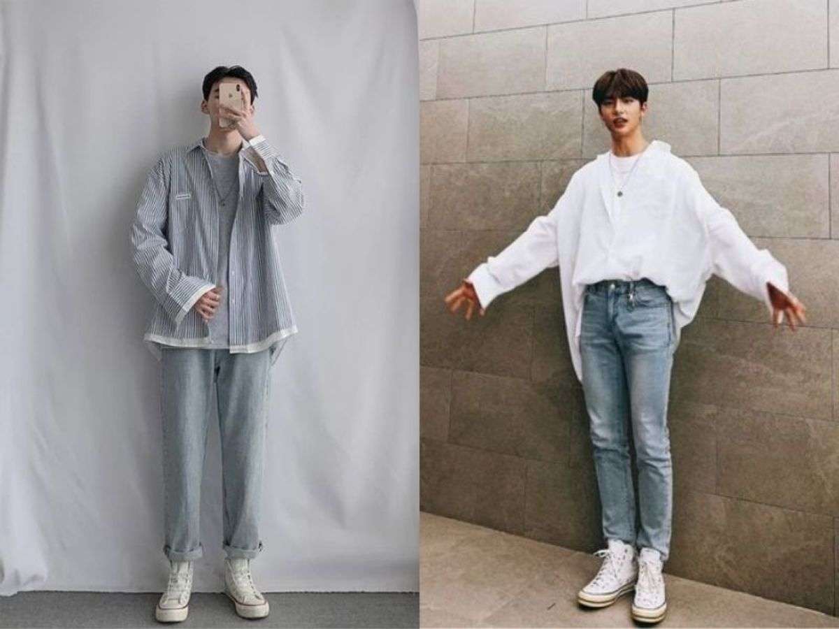 Quần jean, áo sơ mi trắng và giày Converse