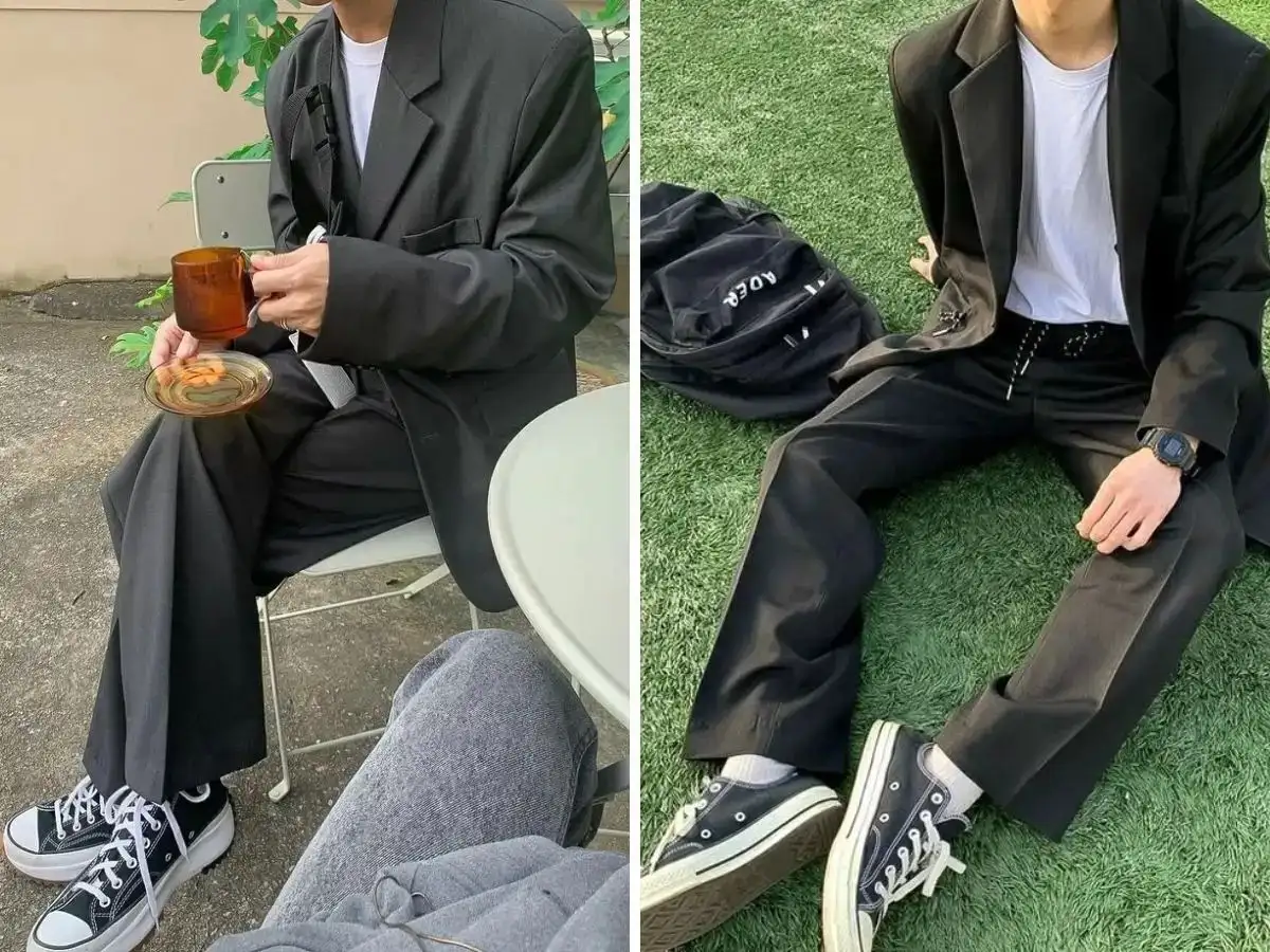 Quần jean, áo thun, áo blazer và giày Converse