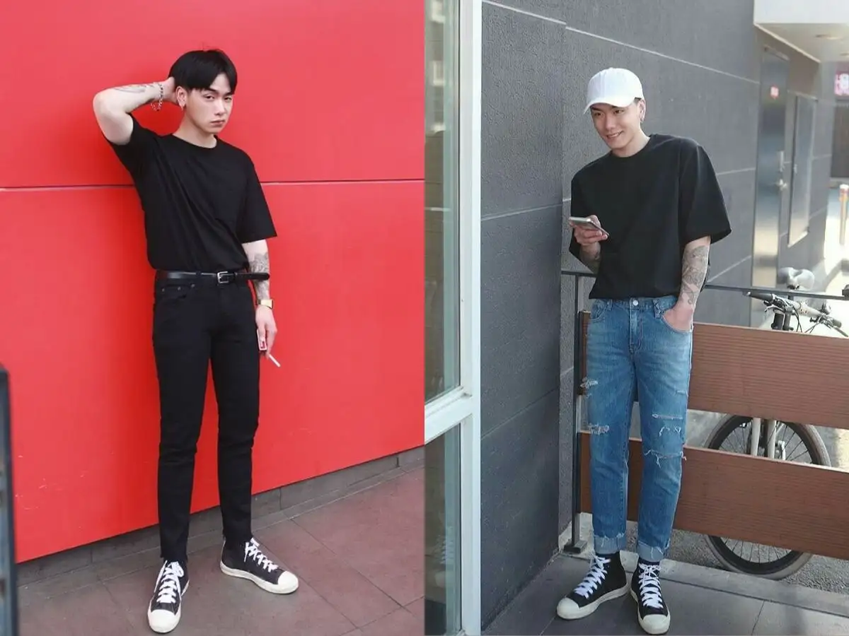 Quần jean baggy, áo thun oversize và giày Converse