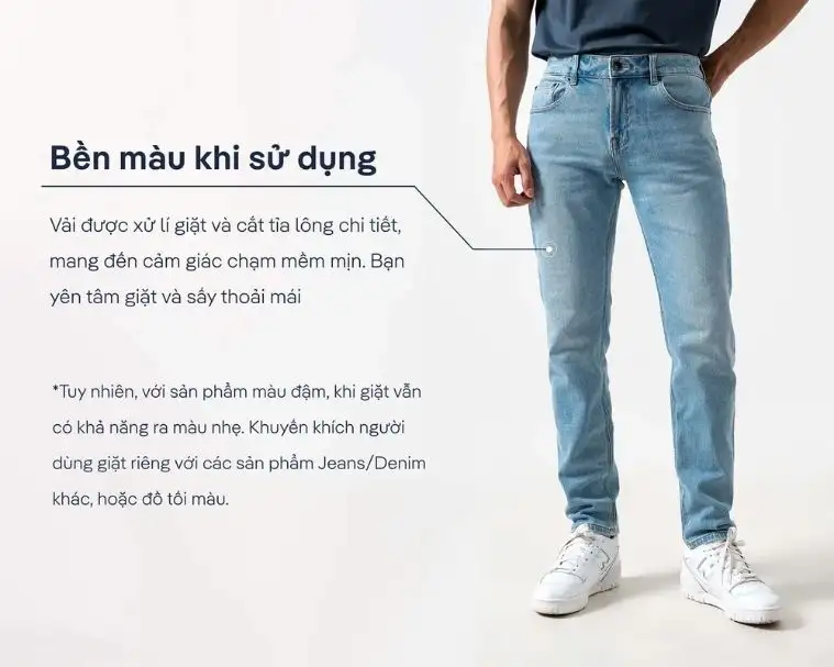 Quần jeans, vải mềm mịn, khóa kéo kim loại bền chắc, 5 túi tiện lợi