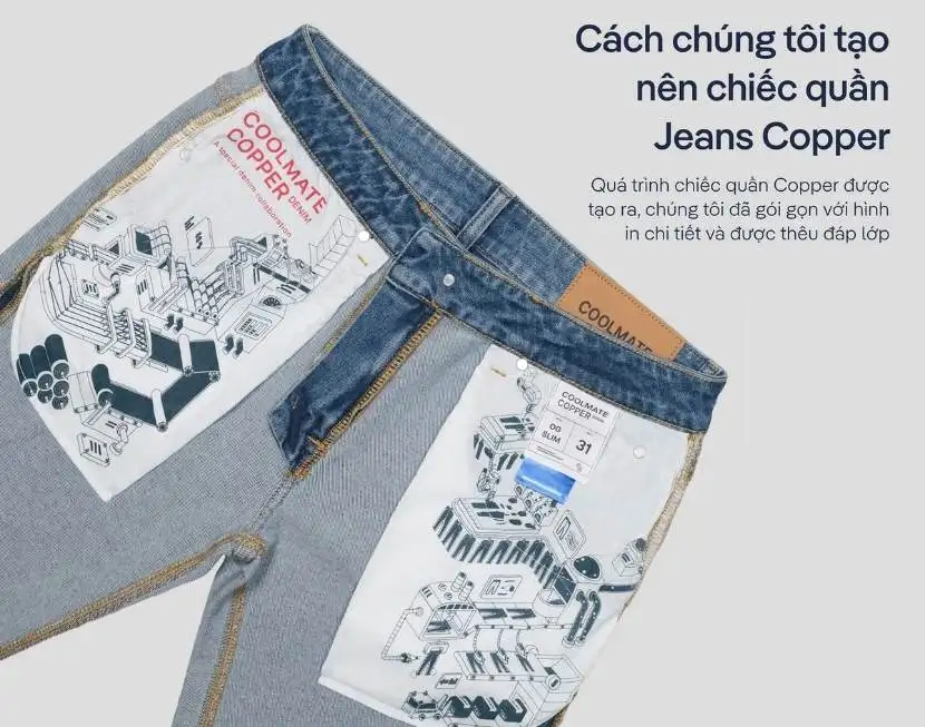 Quần jeans Copper, chi tiết thêu độc đáo, vải mềm mại, khóa kéo kim loại chắc chắn