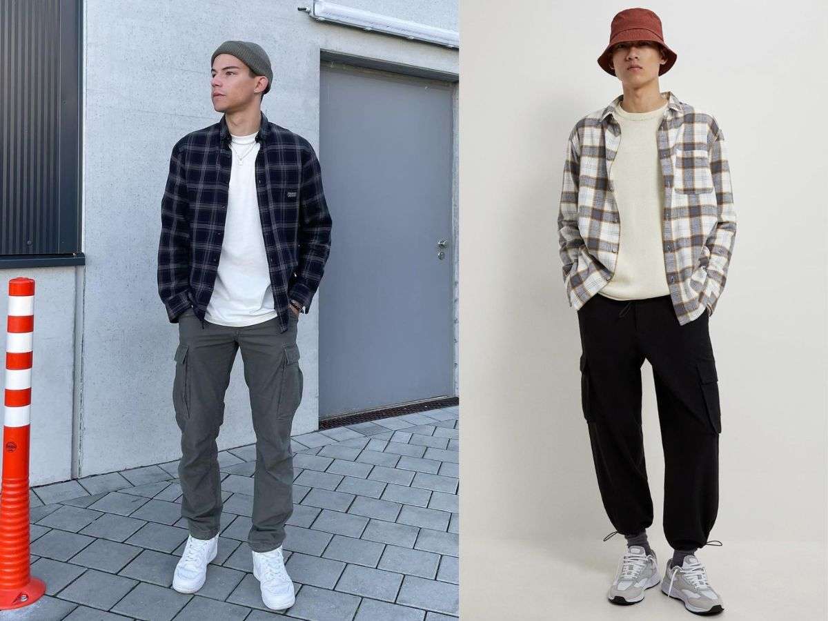 Thể hiện cá tính đường phố với áo thun trắng, flannel và quần cargo
