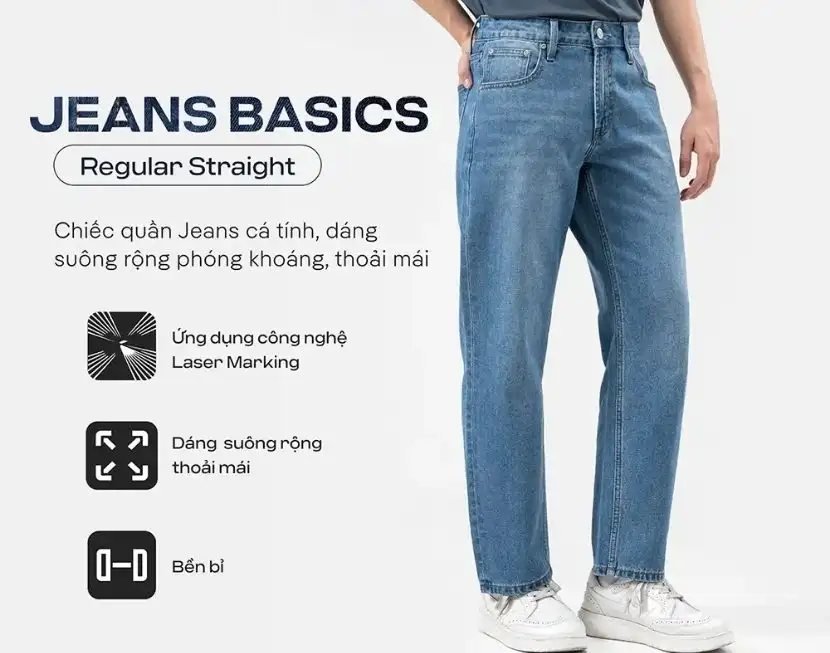 Quần jeans Basics dáng Straight, bền bỉ, thoải mái, hiệu ứng Laser Marking