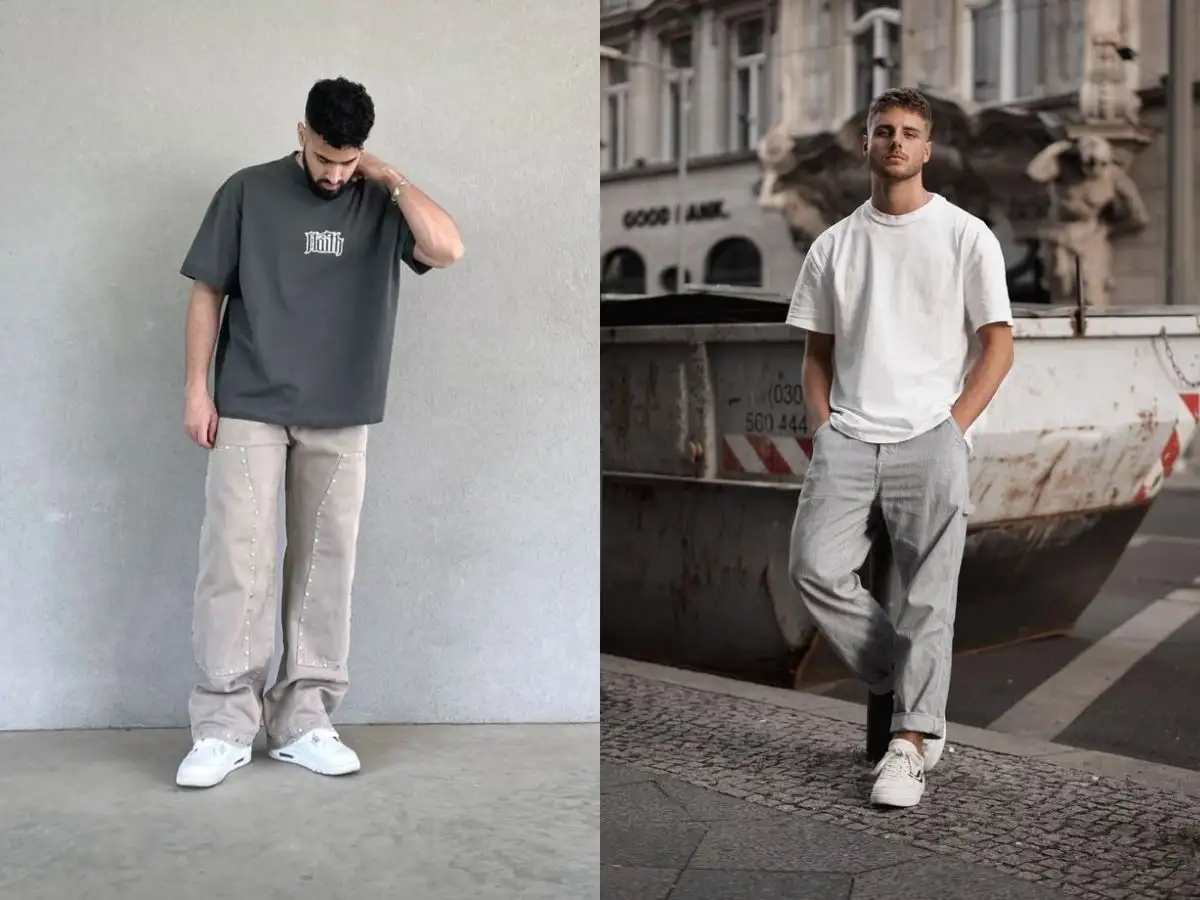 Phối áo thun và quần jeans xám phóng khoán, mạnh mẽ