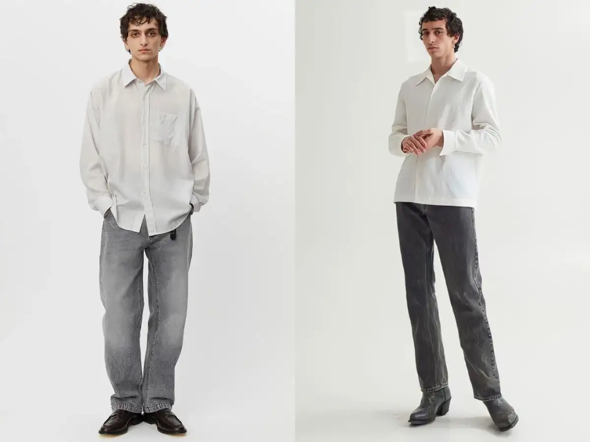 Phối áo sơ mi và quần jeans màu xám nam