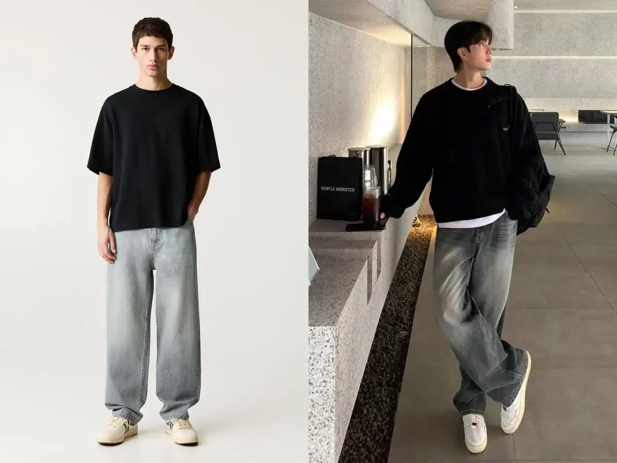 Phối quần jeans xám và áo màu đen mạnh mẽ