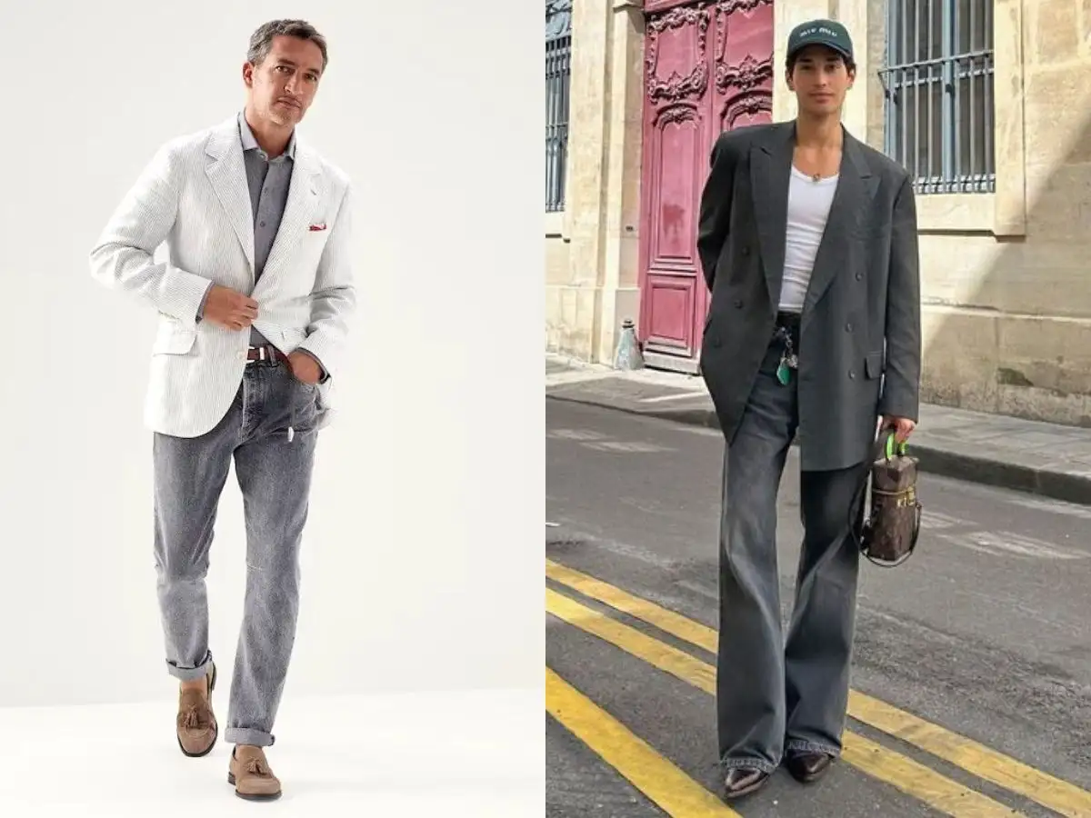 Phối đồ với áo khoác blazer và quần jeans xám