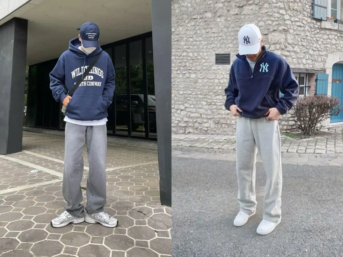 Phối quần jeans xám với màu xanh navy