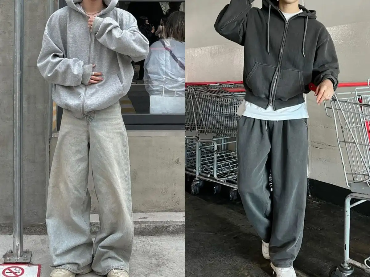 Phối quần jeans xám với áo cùng tone màu theo hiệu ứng đậm nhạt khác nhau