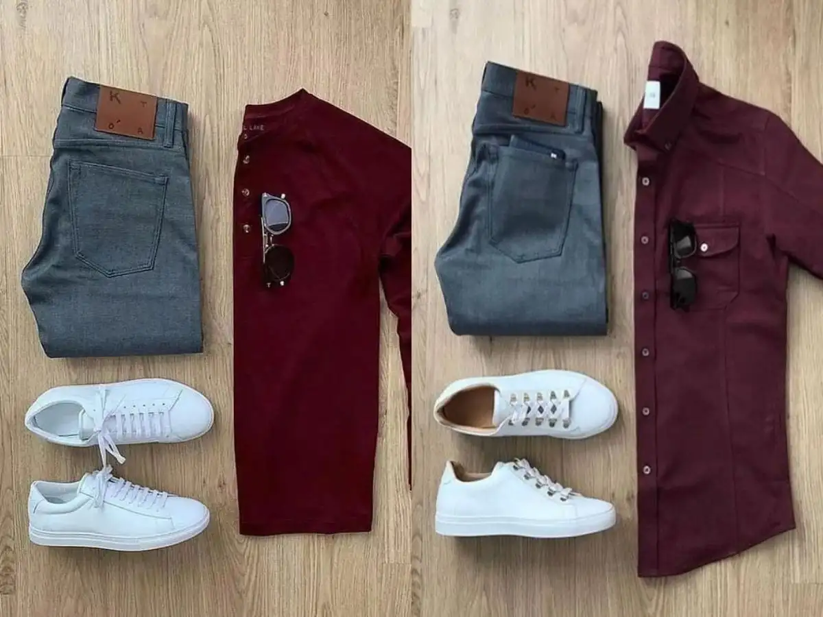 Phối áo đỏ burgundy và quần jeans xám