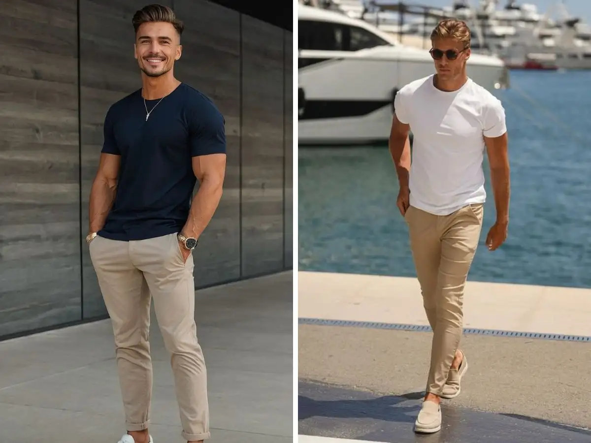 Phối đồ cùng với quần kaki nam lưng thun và áo phông tee basic