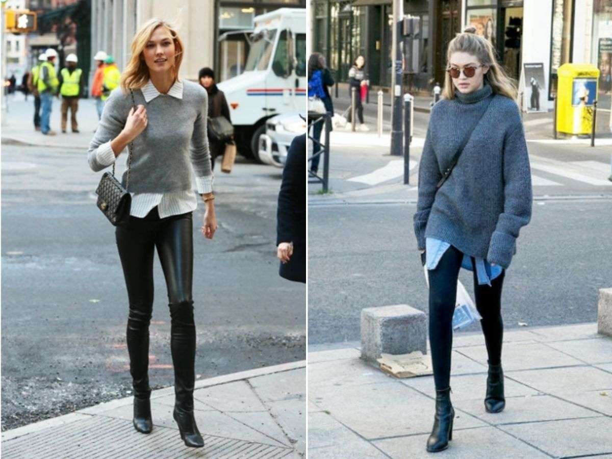 Áo sơ mi kết hợp legging và áo len khoác ngoài