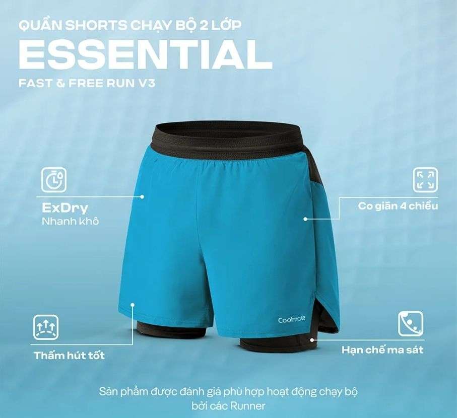 Quần shorts 2 lớp chạy bộ, nhẹ, thoáng, thân thiện môi trường