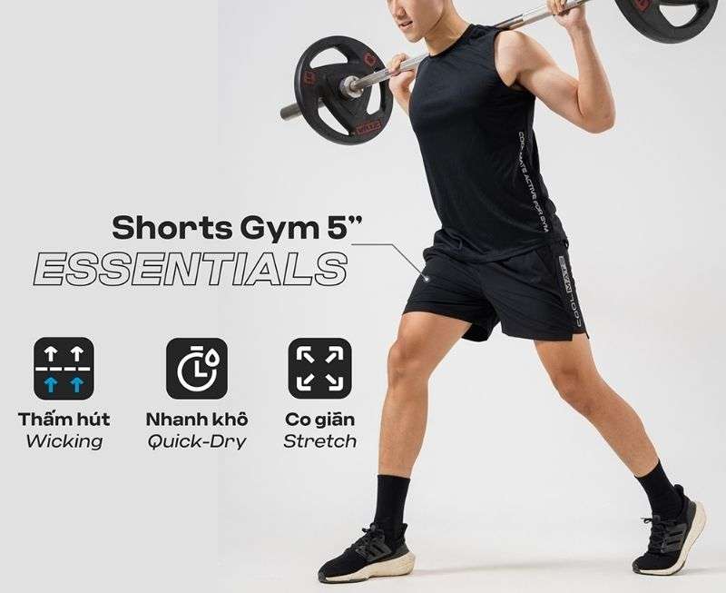 Quần short gym nam 5 inch co giãn, thoáng khí, nhanh khô