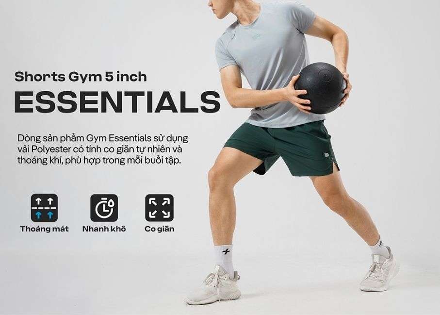 Quần gym 5 inch Essentials, co giãn, khô thoáng nhanh