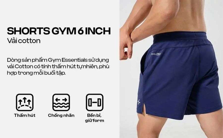 Quần short gym nam 6 inch cotton thoáng khí, bền dáng