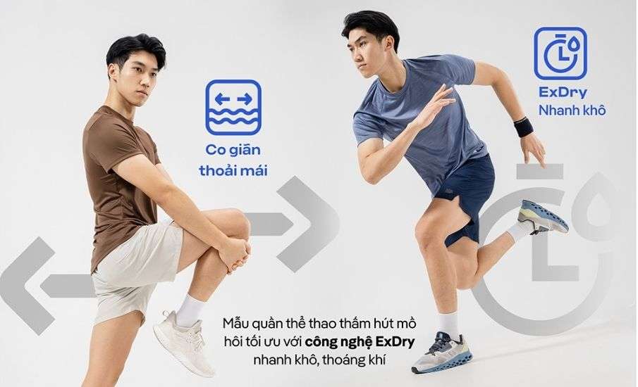 Quần shorts thể thao 5", công nghệ ExDry thấm hút, thoáng khí
