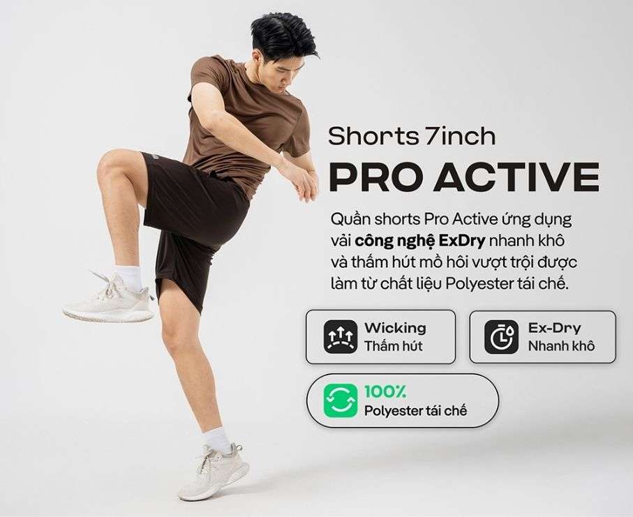Quần shorts 7 inch Pro Active, co giãn, khô nhanh, bền vững