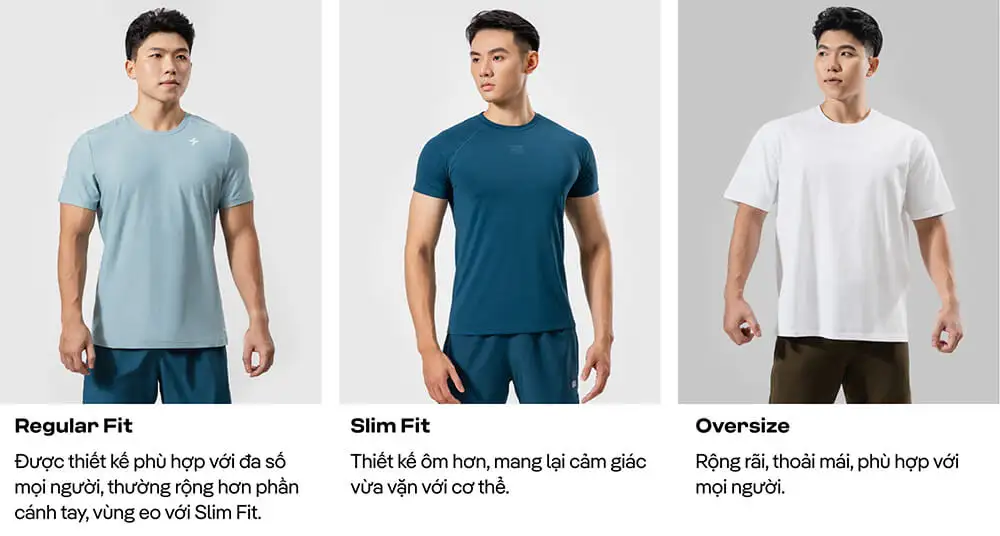 So sánh ba form dáng áo thun gym nam Coolmate: Regular Fit, Slim Fit, và Oversize