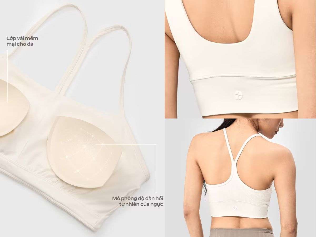 Thiết kế áo bra màu da nâng đỡ nhẹ, đệm mút êm, ôm vừa vặn – lý tưởng cho vận động nhẹ.