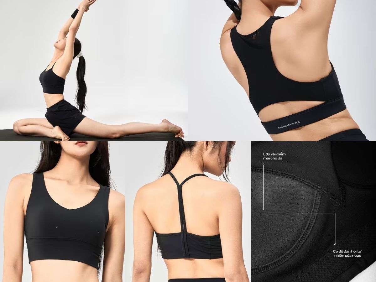 Thiết kế áo Bra màu đen hỗ trợ tốt với đệm mút, dây đai chắc chắn và form ôm vừa.