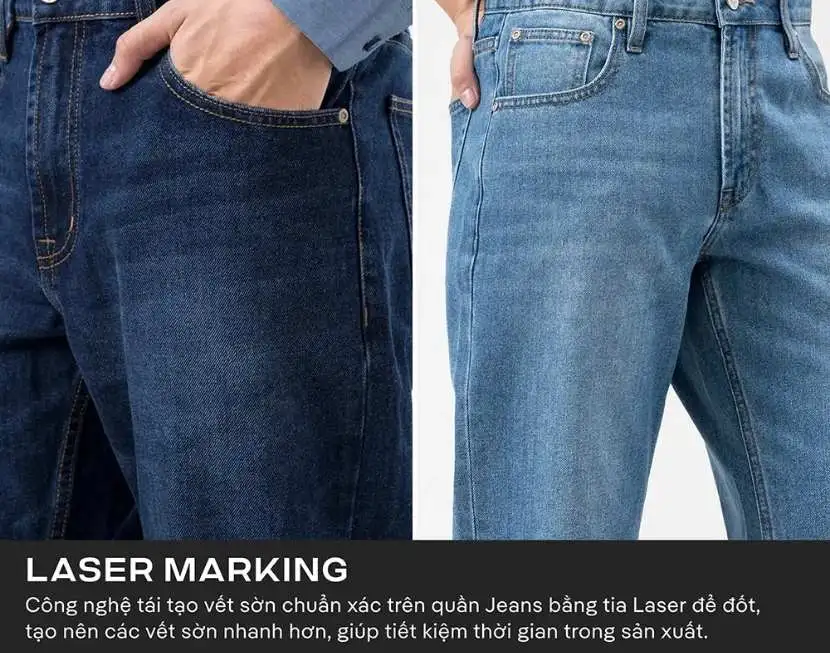 Quần jeans 5 túi, chi tiết kim loại chắc chắn, đai lưng tiện dụng