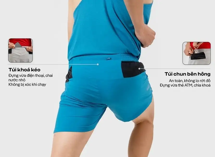 Quần shorts, xẻ tà linh hoạt, túi tiện lợi, logo phản quang an toàn