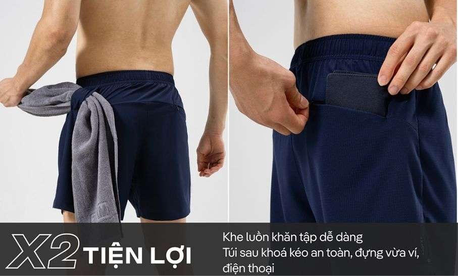 Quần gym có khe luồn khăn, túi khóa, dây rút, xẻ tà