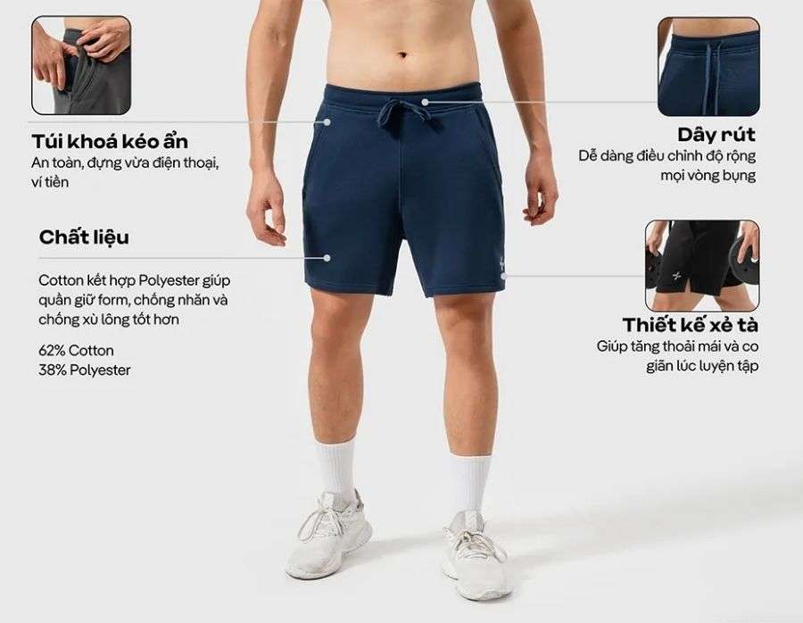 Quần short gym có túi khóa, dây rút, xẻ tà linh hoạt