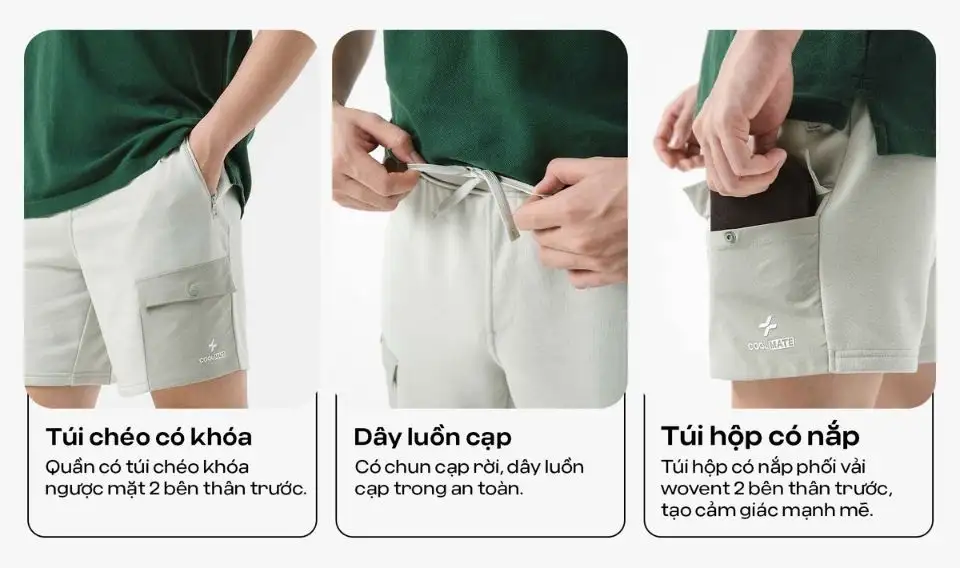 Quần regular fit 7 inch, túi hộp năng động, túi chéo khóa an toàn, dây rút cạp