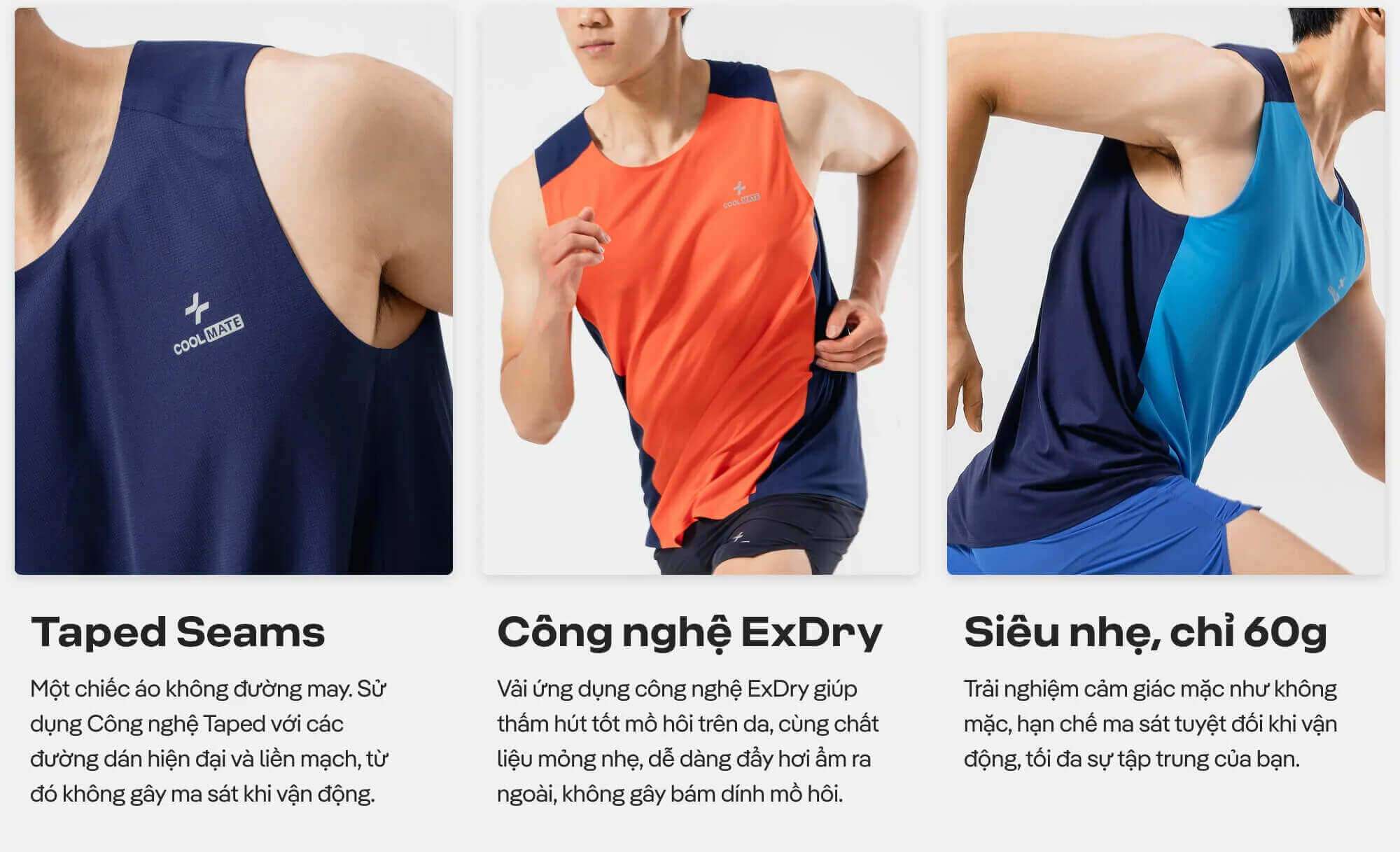 Các tính năng nổi bật của Áo Singlet Chạy Bộ Không Đường May CoolFast: Taped Seams,Công nghệ ExDry, và Siêu nhẹ