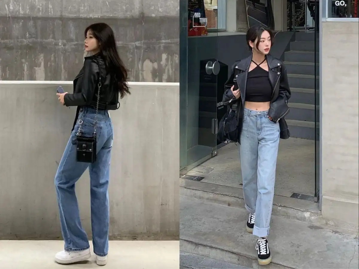 Phối quần jean và áo khoác croptop da