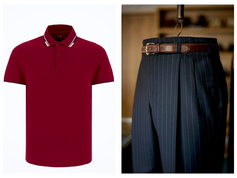 Áo polo đỏ mix cùng quần xếp ly giúp làm tăng lên nét nam tính vốn có của các chàng trai