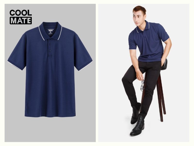 Áo Polo nam xanh navy phối cổ màu của Coolmate có kiểu dáng suông phù hợp với nhiều dáng người