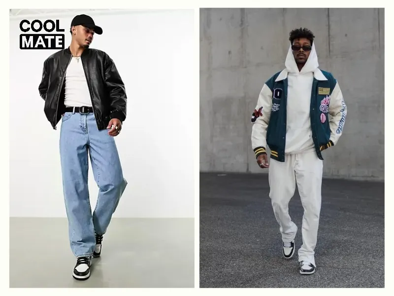 Phối đồ với quần baggy nam cùng áo phông và áo bomber