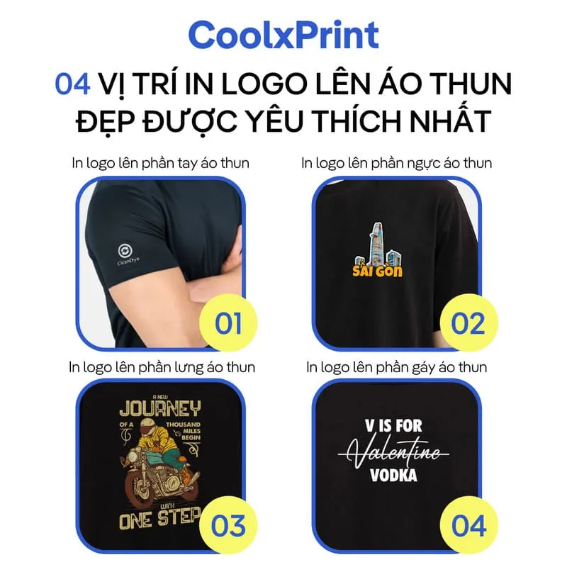 Vị trí in logo áo nhóm: tay áo, ngực áo, lưng áo, gáy áo