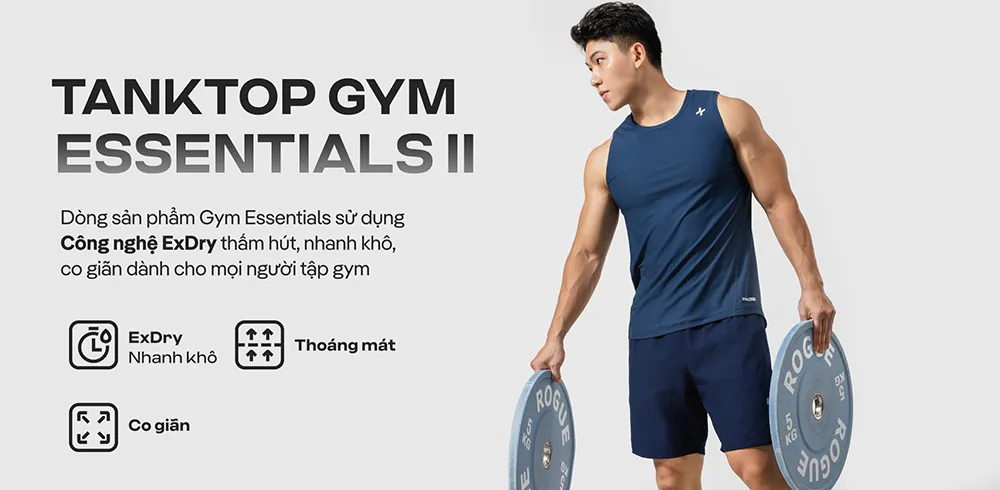áo tanktop Gym Essentials màu xanh stone, vải co giãn ExDry, dáng slimfit thoáng mát khi tập gym