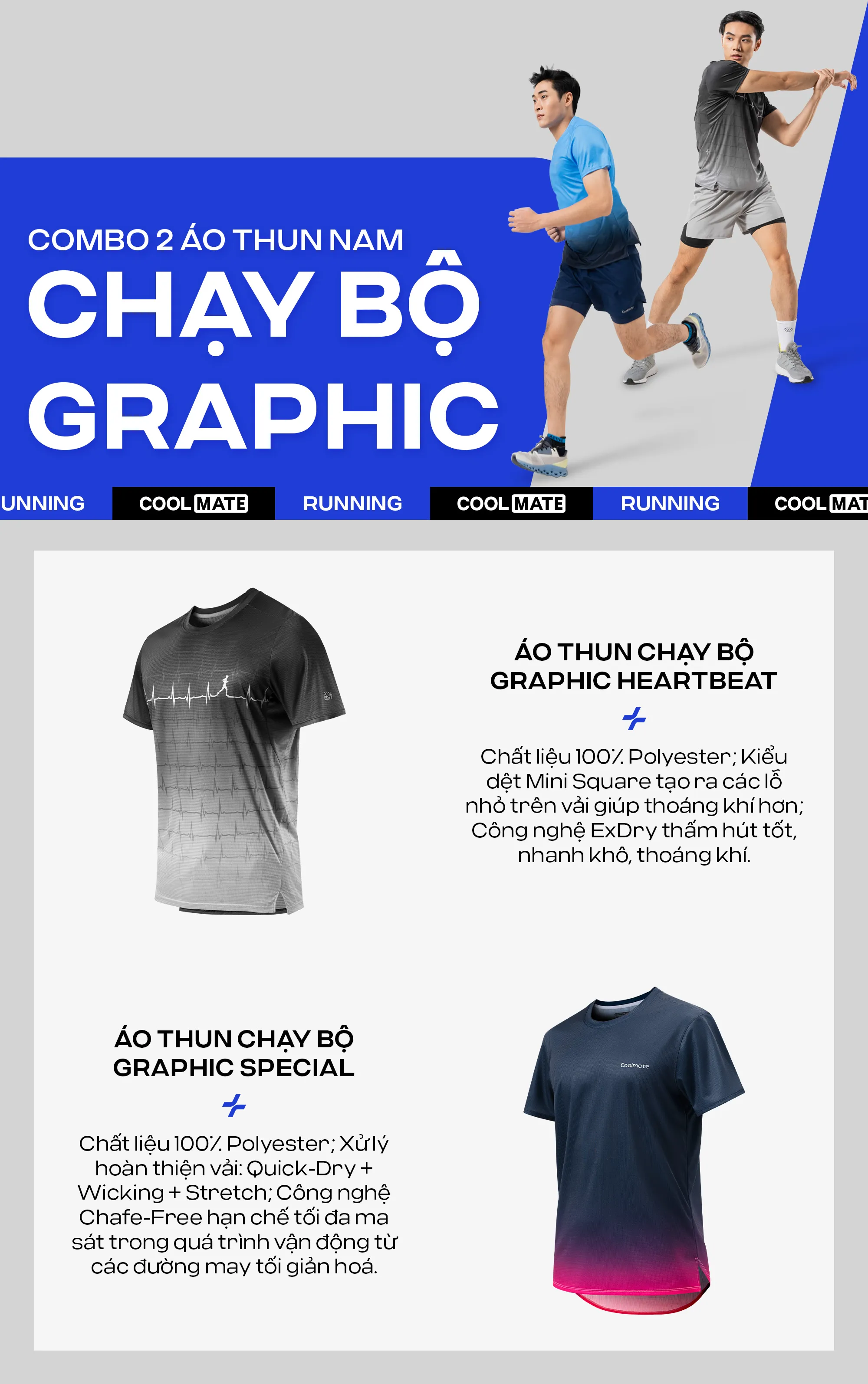 Combo 2 Áo Thun Nam Chạy Bộ Graphic của Coolmate, gồm mẫu áo Heartbeat và Special, chất liệu Polyester thoáng khí, hỗ trợ vận động