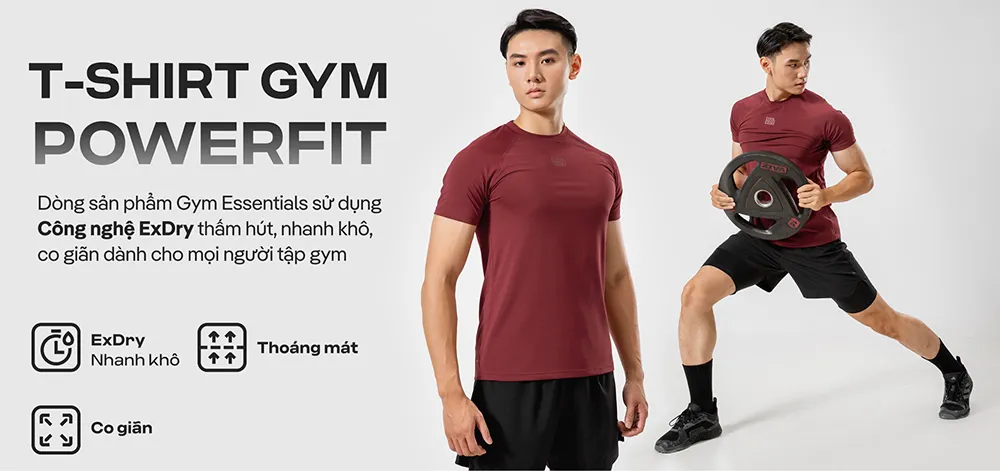 Áo thun Gym Powerfit màu đỏ đô, co giãn, nhanh khô, phù hợp cho tập gym