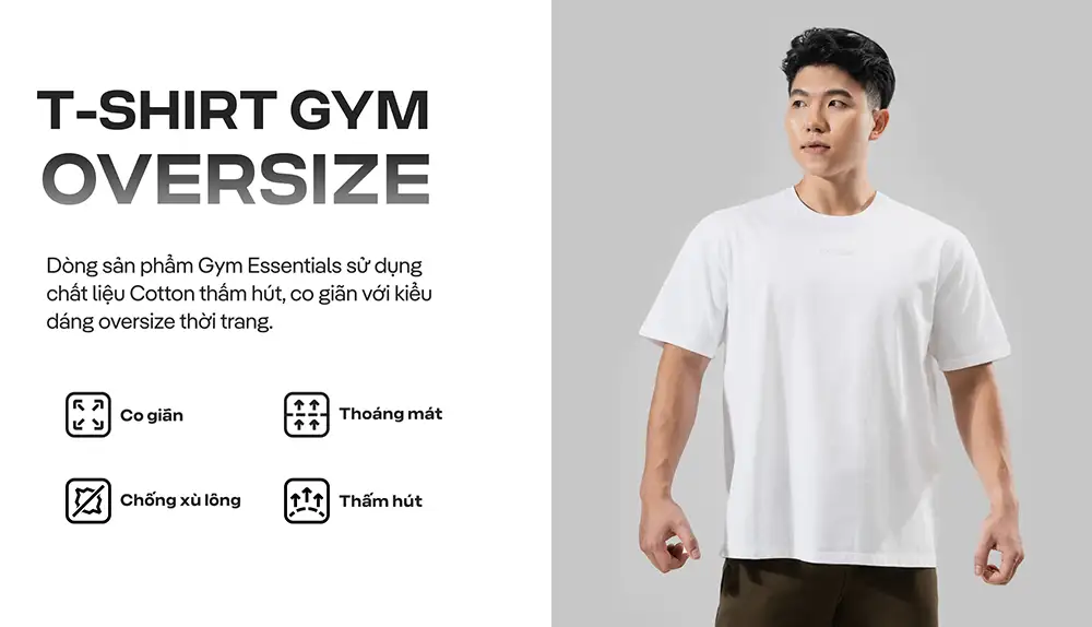 Áo thun gym oversize chất liệu cotton thấm hút, co giãn, chống xù và thoáng mát đến từ Coolamte