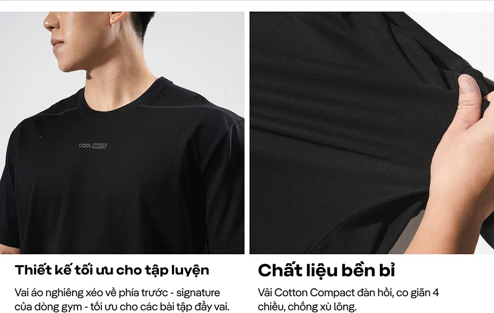 Chi tiết thiết kế vai áo nghiêng xéo và chất liệu Cotton Compact co giãn của áo thun gym Coolmate