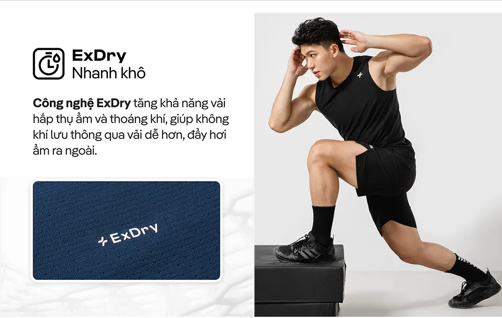 👉 Áo tanktop Gym Essentials màu đen, công nghệ ExDry giúp vải nhanh khô, tăng thoáng khí khi vận động