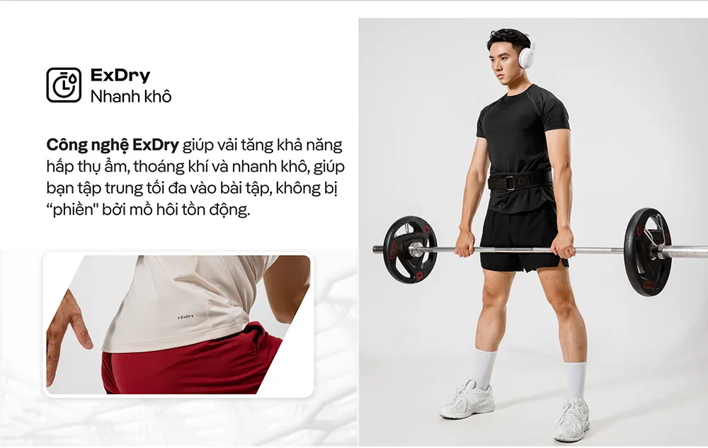 Áo thun Gym Powerfit màu đen ứng dụng công nghệ ExDry, giúp thấm hút mồ hôi và nhanh khô khi tập luyện