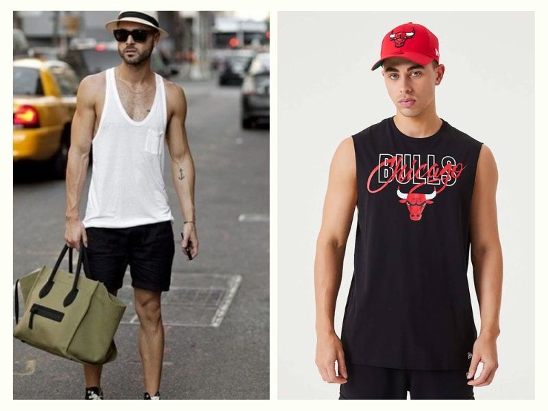 Tank top phối với quần đùi trơn và mũ được nhiều bạn nam yêu thích lựa chọn khi đi biển