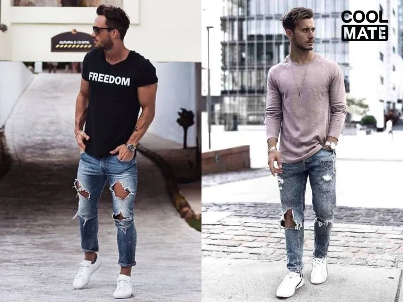    Quần jeans rách gối phối cùng áo sơ mi lãng tử 